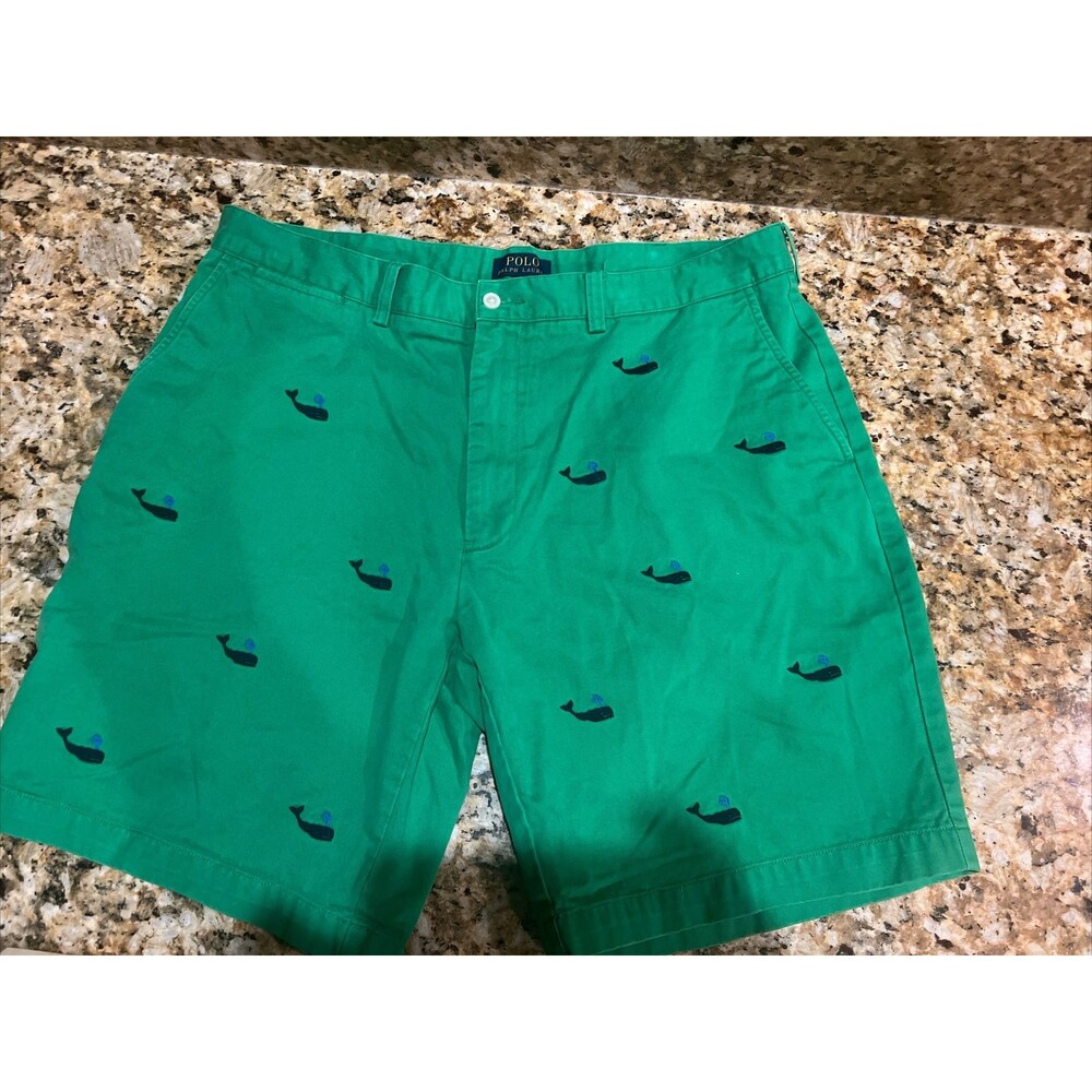 Polo Ralph Lauren Men's Cotton Whale Print Chino Shorts Green Blue 9" 38” Waist
